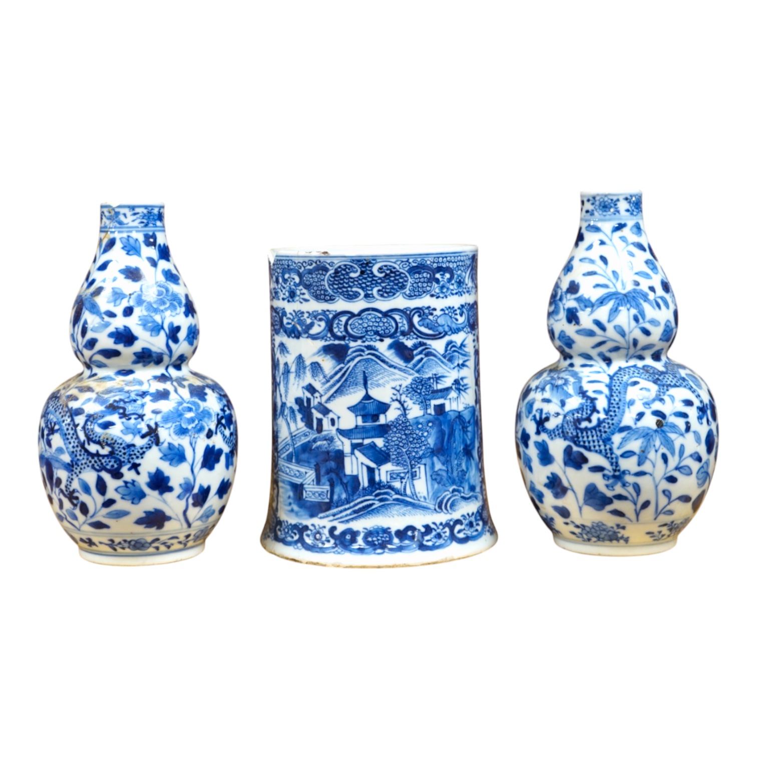 A pair of Chinese blue and white double gourd shaped vases, 19th century and a large export tankard, 18th century, largest 19cm high. Condition - poor